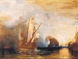 London National Gallery Next 20 15 JMW Turner - Ulysses deriding Polyphemus JMW Turner - Ulysses deriding Polyphemus, 1829, 133 x 203 cm. Ulysses and his men were sailing back from the Trojan War and stopped off at an island to look for food. Suddenly they came face to face with Polyphemus, a ferocious one-eyed giant Cyclops. The giant attacked and ate four of Ulysses� men. That night Ulysses heated a sharpened stake in a fire and plunged it into the giant�s huge eye. They escaped back to their ship and sailed away. Turner has disguised Polyphemus as a mountain top and made the spirits of the sea look like waves in front of Ulysses� ship. The horses of the sun god, Apollo, are painted just above the rising sun.